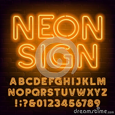 Orange neon alphabet font. Retro light bubble letters and numbers on brick wall background. Vector Illustration