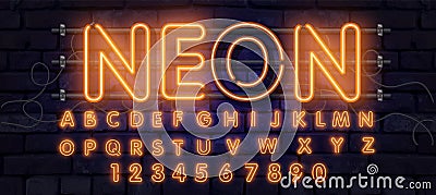 Orange neon font, complete Alphabet and numbers. Glowing alphabet, electric stand, against a brick wall background, Electric Abc Vector Illustration