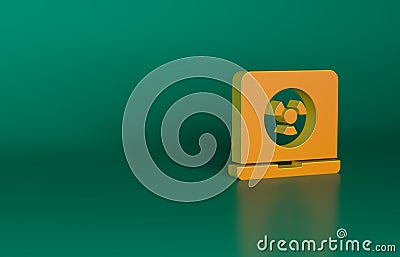 Orange Nuclear laptop icon isolated on green background. Minimalism concept. 3D render illustration Cartoon Illustration