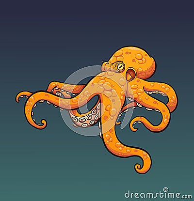 Orange cartoon octopus with blue background Vector Illustration
