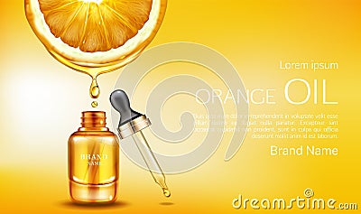 Orange oil cosmetics bottle with pipette ad banner Vector Illustration