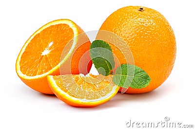 Orange, orange slices and mint leaves Stock Photo