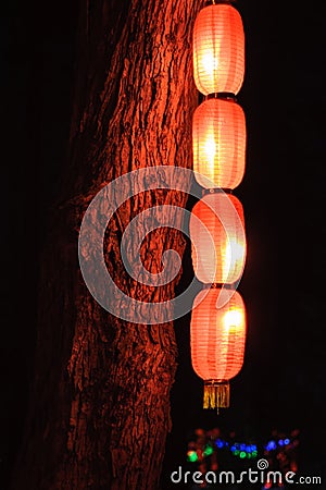 Orange original Chinese sausage-shaped lantern hanging vertically down on a tree at night illuminating the bark Stock Photo