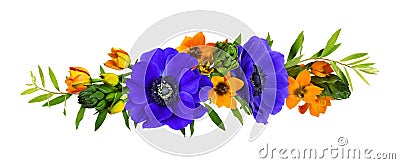 Orange ornithogalum flowers and blue anemones in a floral arrangement Stock Photo