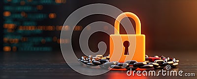 Orange padlock surrounded by dark gray chain inadequate website privacy policies. Weak privacy policies expose user data to Stock Photo