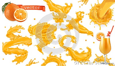 Orange paint splash. Mango, pineapple, papaya juice. 3d vector icon set Vector Illustration