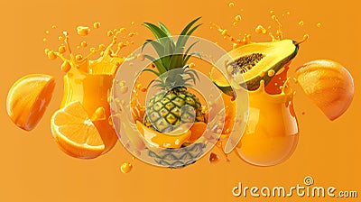 An orange paint splash, mangos, pineapples, and papaya juices in realistic 3D moderns. Stock Photo