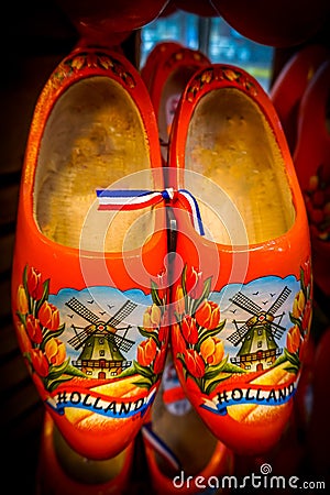 Orange Painted Dutch Wooden Shoes Stock Photo