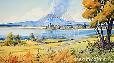 Watercolor Painting: Volcano With Lake And Foliage In Washington Color School Style Stock Photo