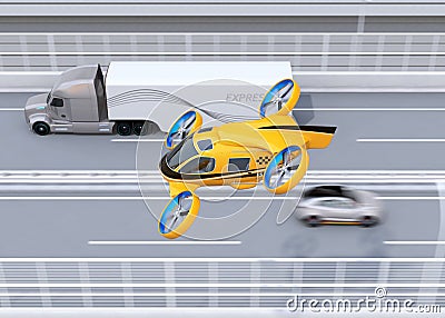 Orange Passenger Drone Taxi, fleet of delivery drones flying along with truck driving on the highway Stock Photo