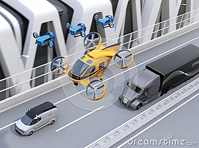 Orange Passenger Drone Taxi, fleet of delivery drones flying along with truck driving on the highway Stock Photo