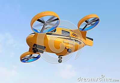 Orange Passenger Drone Taxi flying in the sky Stock Photo