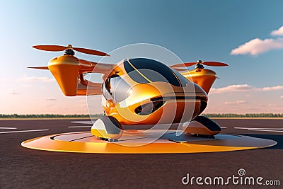orange passenger drone taxi on helipad. Stock Photo