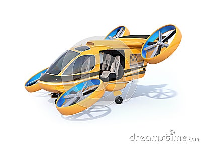 Orange Passenger Drone Taxi parking on white ground with door opened Stock Photo