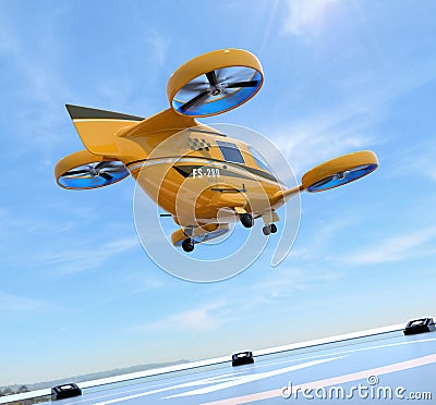 Orange Passenger Drone Taxi takeoff from helipad Stock Photo