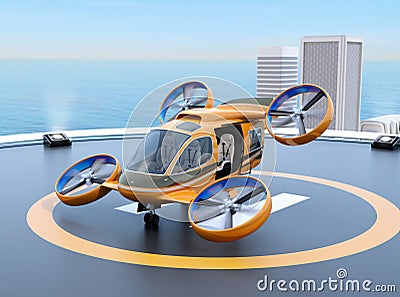 Orange Passenger Drone Taxi takeoff from helipad on the roof of a skyscraper Stock Photo