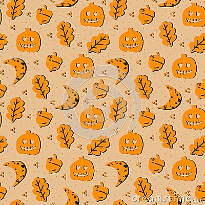 Orange pattern for Halloween. Elements for celebrating with pumpkin, autumn leaves, acorn, moon. Carnival background in Vector Illustration