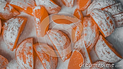 orange without peel, sliced on a white background Stock Photo