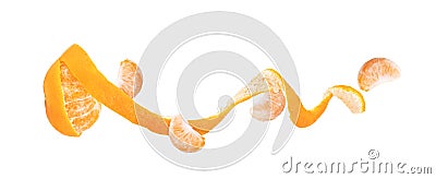 Orange with peeled spiral skin on white background Stock Photo