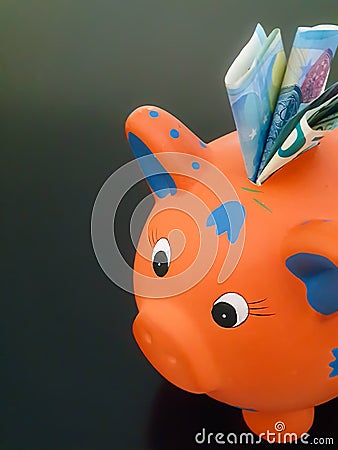 Orange piggy bank and euro money Stock Photo