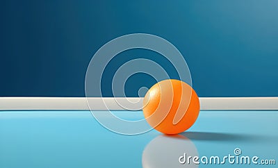 Orange ping pong ball on a blue tennis table with copy space Stock Photo