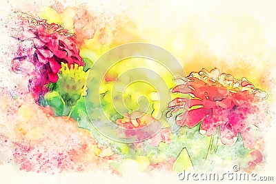 Orange and pink colorful flower blooming watercolor illustration painting background. Cartoon Illustration