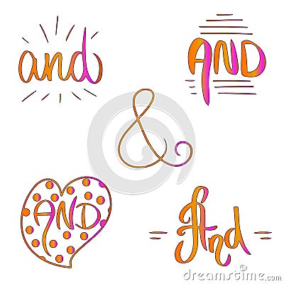 Orange pink gradient word And vector. Ampersand vector. Catch word set collection vector illustration hand drawn brush style Cartoon Illustration