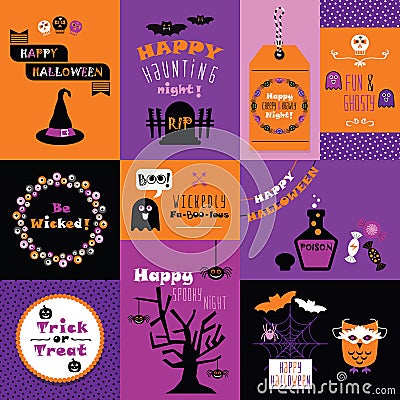 Orange, pink and purple Happy Halloween mini cards set Vector Illustration