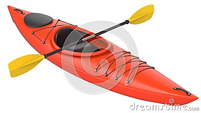 Orange plastic kayak with yellow paddle. 3D render, isolated on white background. Stock Photo
