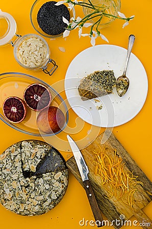 A piece of orange and poppy seeds cake. Stock Photo