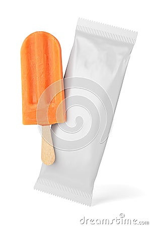 Orange popsicle and clean package isolated. 3D rendering and photo Stock Photo