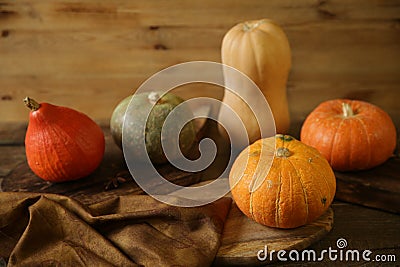 Orange pumpkin and gourds on the wooden rustic table. Thanksgiving Day. Halloween. Harvest. Autumn still life. Stock Photo