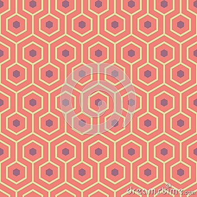 Orange, purple, yellow green meandering geometric hexagons. Seamless vector pattern with hot summer vibe. Great spa Vector Illustration