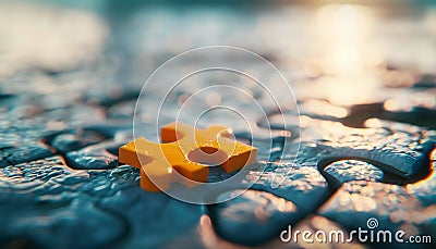 The orange puzzle does not fit into the general concept of the puzzle, which symbolizes the difficulty of solving problems Stock Photo