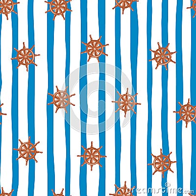 Orange random ship wheel silhouettes seamless doodle pattern. Blue and white striped background Vector Illustration