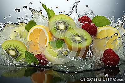 orange, raspberry and kiwi in water splash, fruit boom in water. Stock Photo