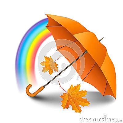 Orange realistic umbrella with falling yellow leaves and rainbow Vector Illustration