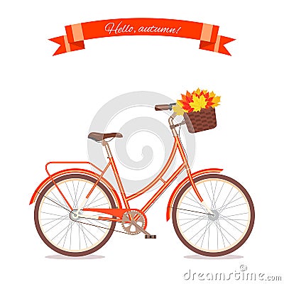 Orange retro bicycle with autumn leaves in floral basket and box on trunk. Color bike isolated on white background. Flat vector il Vector Illustration