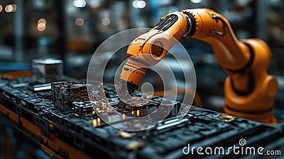 Orange robot arm precisely positions component on circuit board. Advanced tech automates complex electronic manufacturing Stock Photo