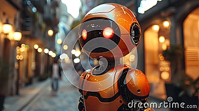 Orange robot walking down the street Stock Photo