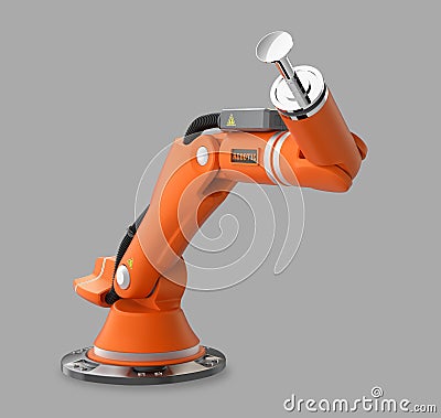 Orange robotic arm isolated on gray background Stock Photo