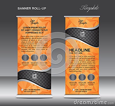 Orange Roll up banner template vector, stand, flyer design, banner design, white polygon background Vector Illustration