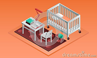 Orange room kid bed banner, isometric style Vector Illustration