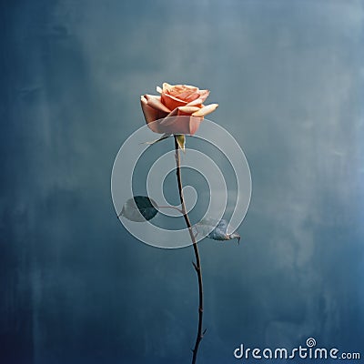 Orange Rose Against Bluegray Clouds: A Captivating Analog Photograph Stock Photo