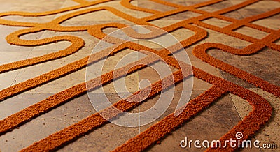Orange Rug Design on Tiled Floor Creating Abstract Lines and Patterns Stock Photo