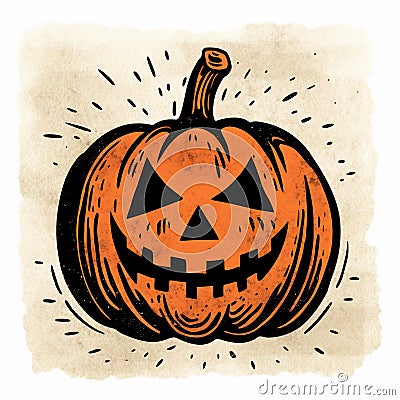 Orange Scary Halloween Jack’O’Lantern Pumpkin Block Print Illustration Cartoon Illustration