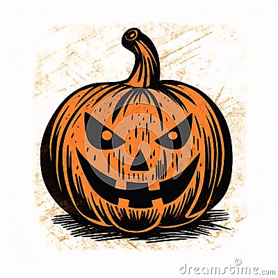 Orange Scary Halloween Jack’O’Lantern Pumpkin Block Print Illustration Cartoon Illustration