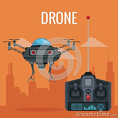 Orange scene city landscape set remote control with black robot drone with metal arms Vector Illustration