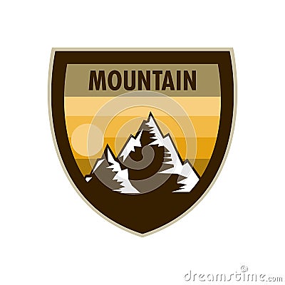 Orange Scene Mountain Adventure Shield Badge Design Vector Illustration