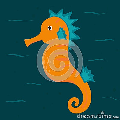 Orange seahorse swims in the depths of the sea Vector Illustration